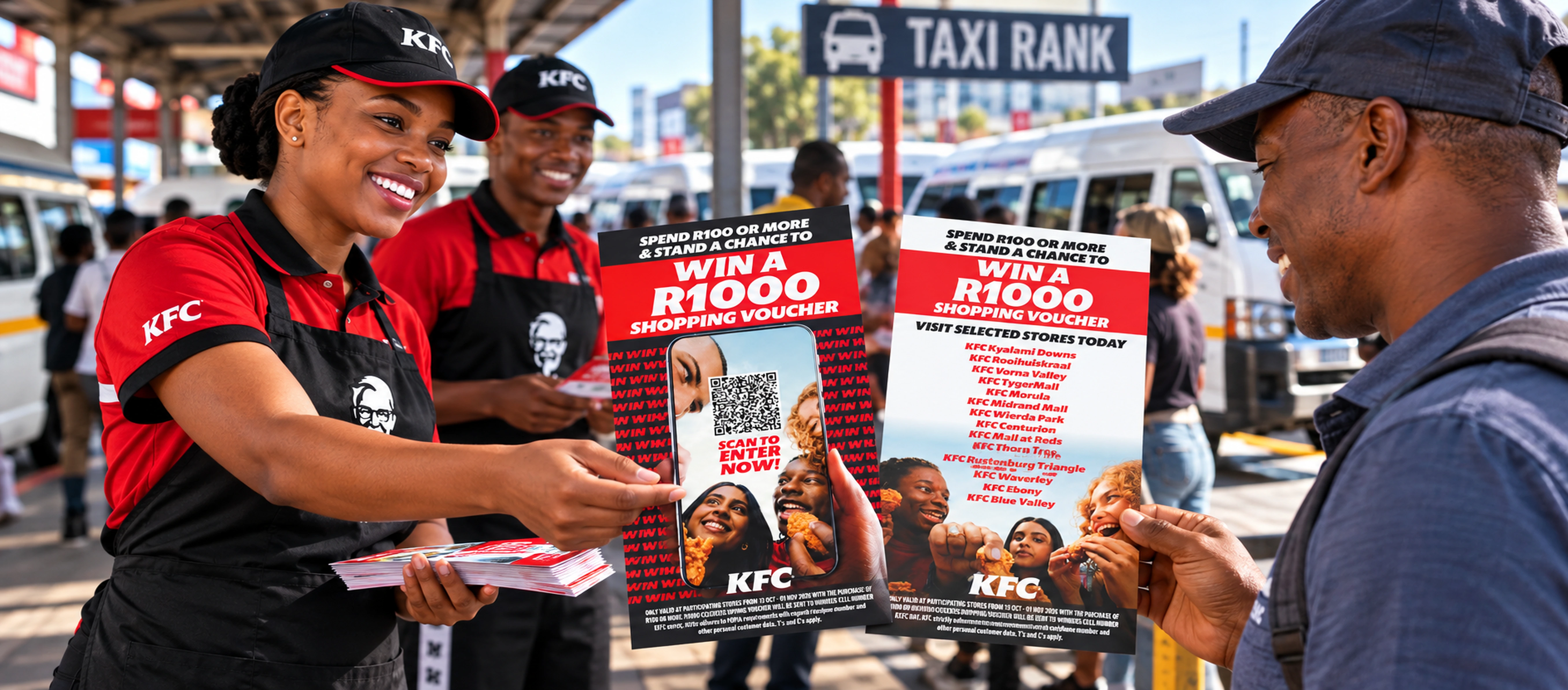 KFC team promoting the Win R1,000 competition at a taxi rank